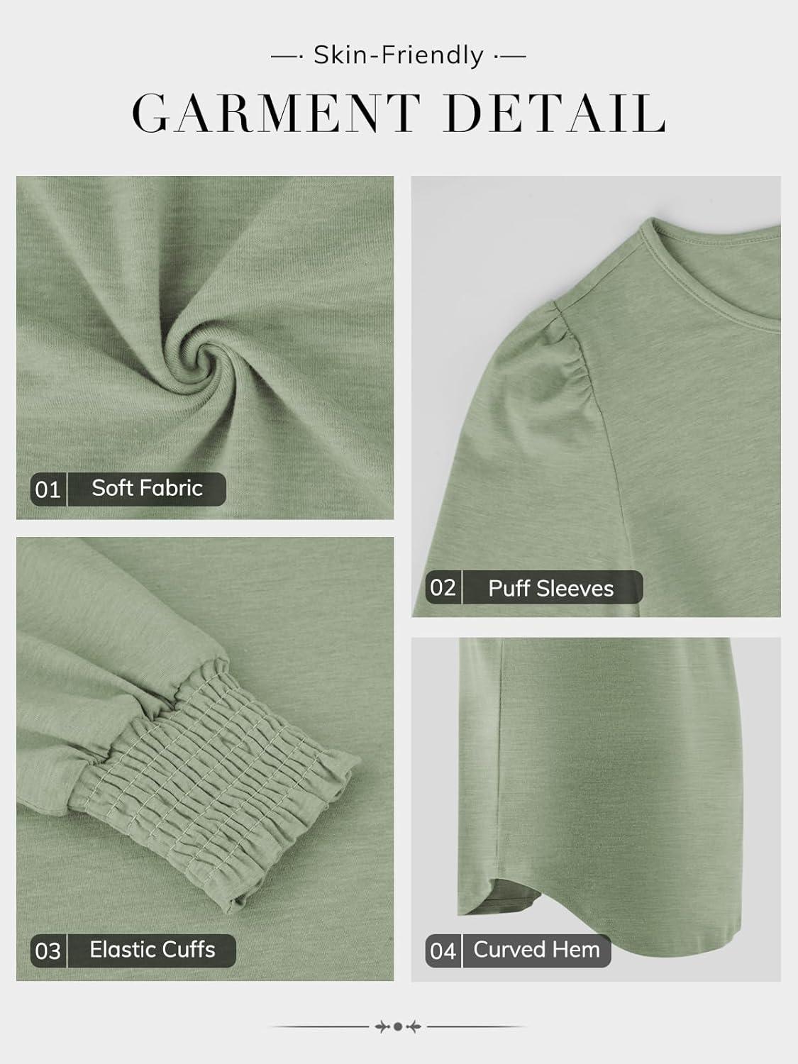 imageATHMILE Fall Long Sleeve Shirts for Women Business Casual Crewneck Tops Dressy Blouses with Smocked Cuffs Teacher OutfitsLight Green