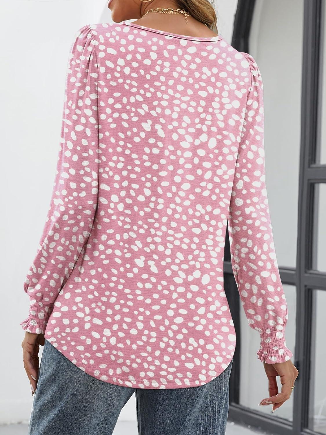 imageATHMILE Fall Long Sleeve Shirts for Women Business Casual Crewneck Tops Dressy Blouses with Smocked Cuffs Teacher OutfitsPink Dot