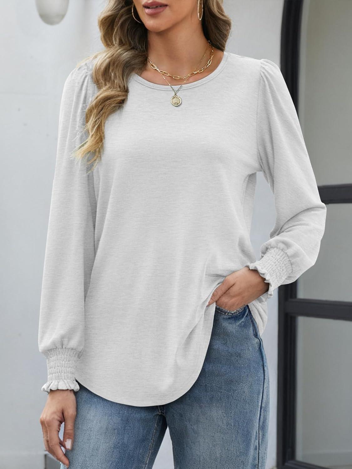 imageATHMILE Fall Long Sleeve Shirts for Women Business Casual Crewneck Tops Dressy Blouses with Smocked Cuffs Teacher OutfitsWhite