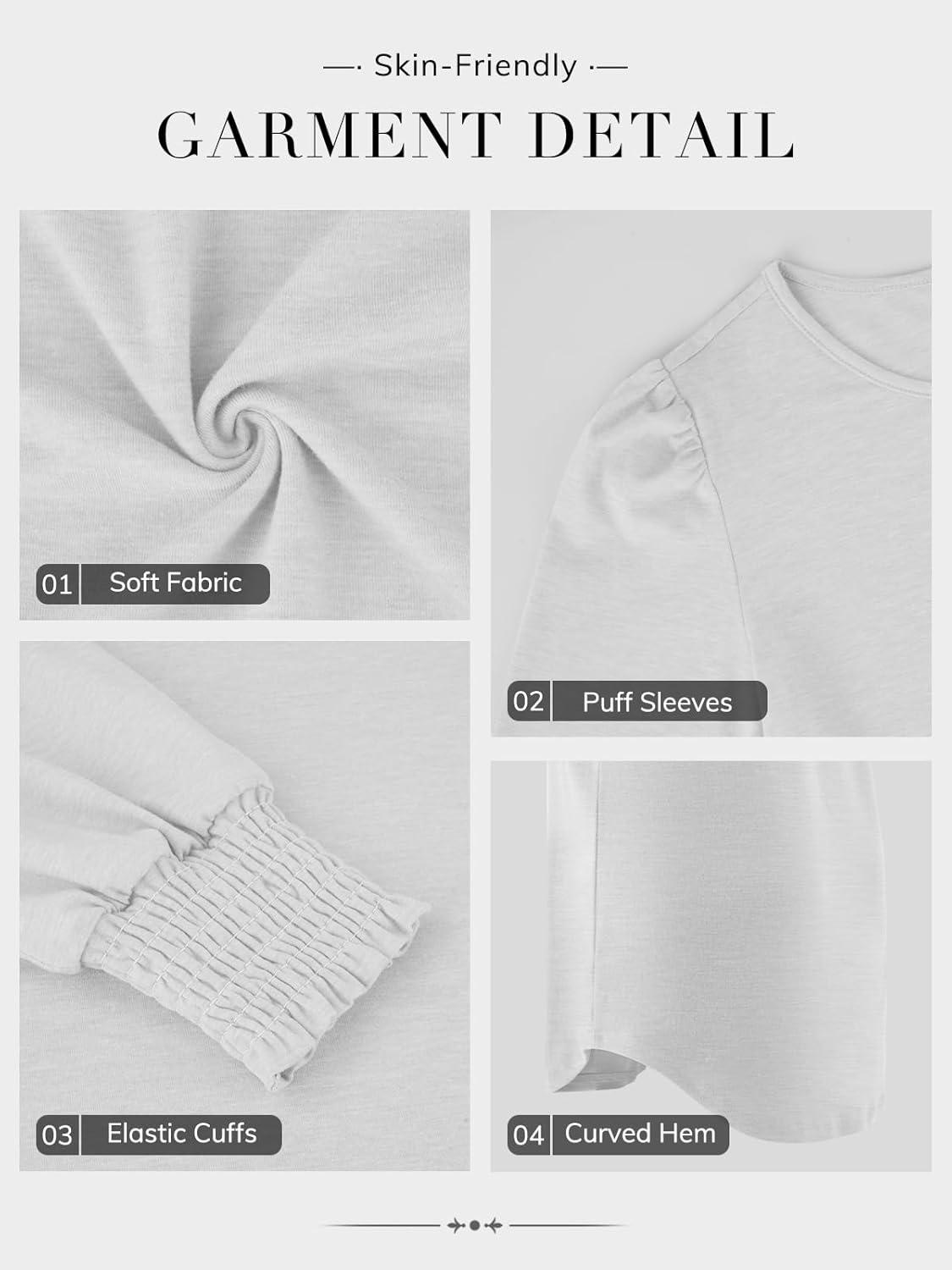 imageATHMILE Fall Long Sleeve Shirts for Women Business Casual Crewneck Tops Dressy Blouses with Smocked Cuffs Teacher OutfitsWhite