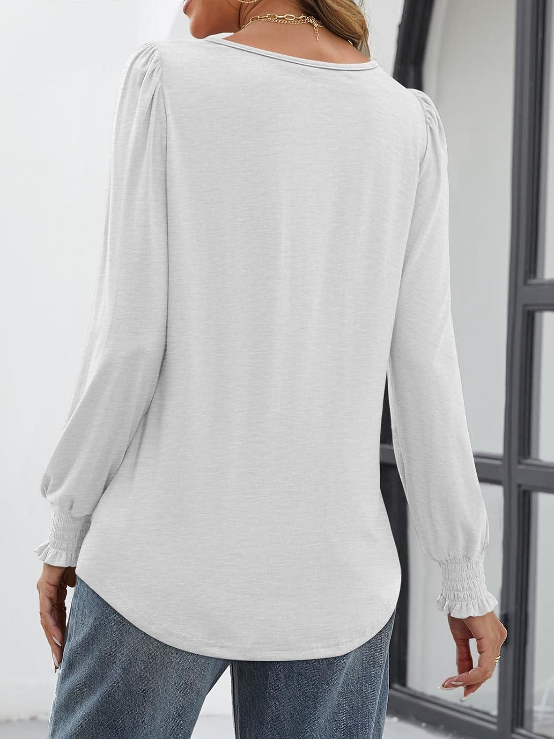 imageATHMILE Fall Long Sleeve Shirts for Women Business Casual Crewneck Tops Dressy Blouses with Smocked Cuffs Teacher OutfitsWhite