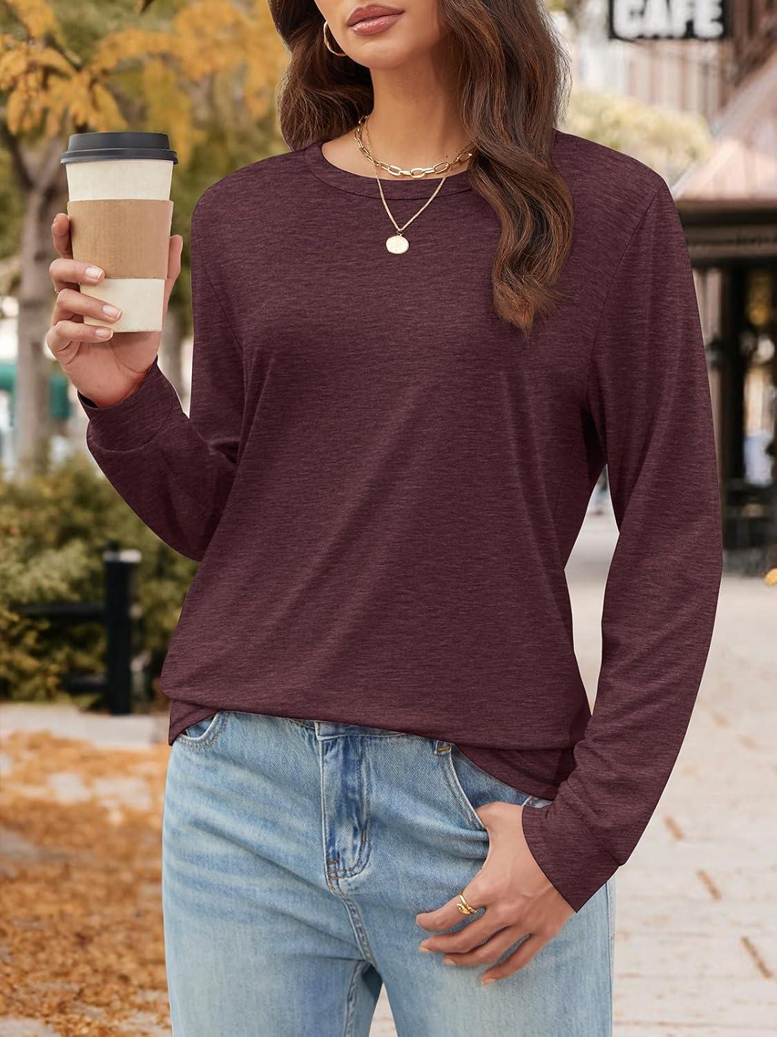 imageATHMILE Fall Long Sleeve Shirts for Women Fashion Oversized Tees Casual Business Tops Loose Fit Solid Basic Outfits 2025Wine Red