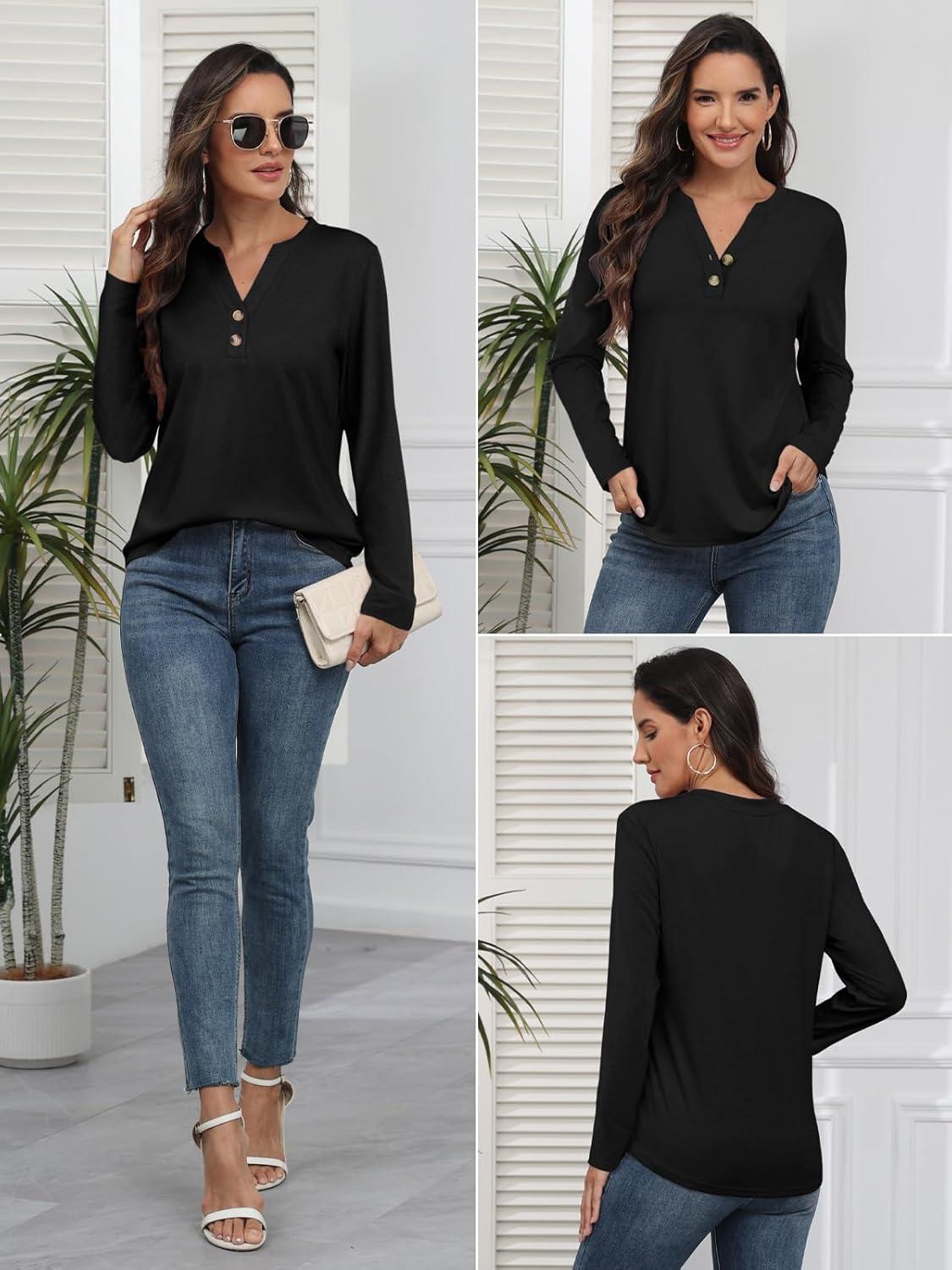 imageATHMILE Long Sleeve Shirts for Women 2025 Fall Outfits Henley Dressy Casual Tops Trendy Blouses Cute TShirts Fashion ClothesBlack