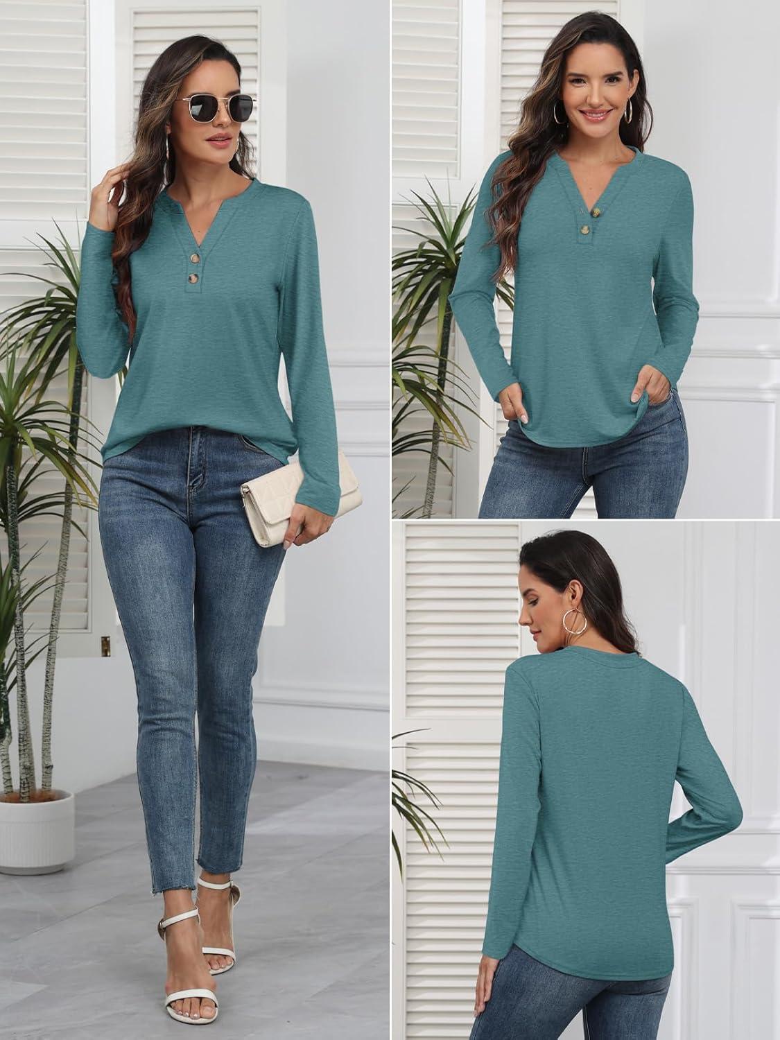 imageATHMILE Long Sleeve Shirts for Women 2025 Fall Outfits Henley Dressy Casual Tops Trendy Blouses Cute TShirts Fashion ClothesBlue Green
