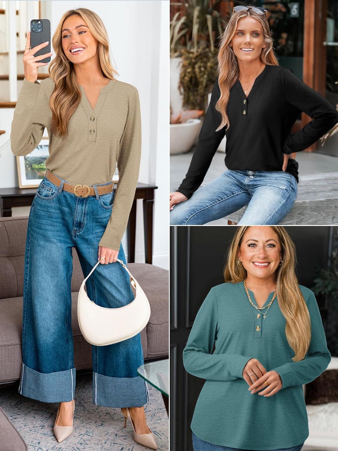 imageATHMILE Long Sleeve Shirts for Women 2025 Fall Outfits Henley Dressy Casual Tops Trendy Blouses Cute TShirts Fashion ClothesKhaki