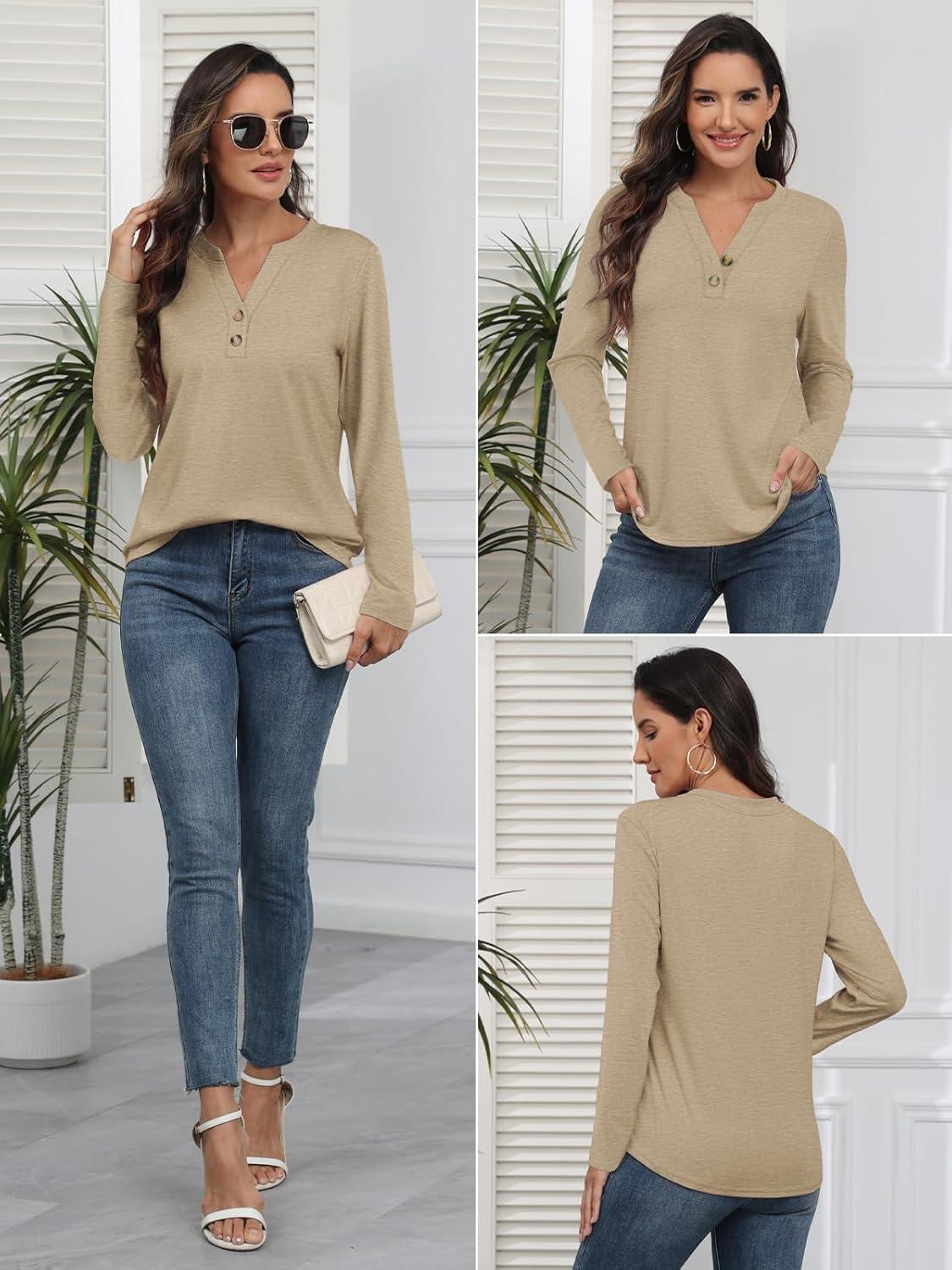 imageATHMILE Long Sleeve Shirts for Women 2025 Fall Outfits Henley Dressy Casual Tops Trendy Blouses Cute TShirts Fashion ClothesKhaki