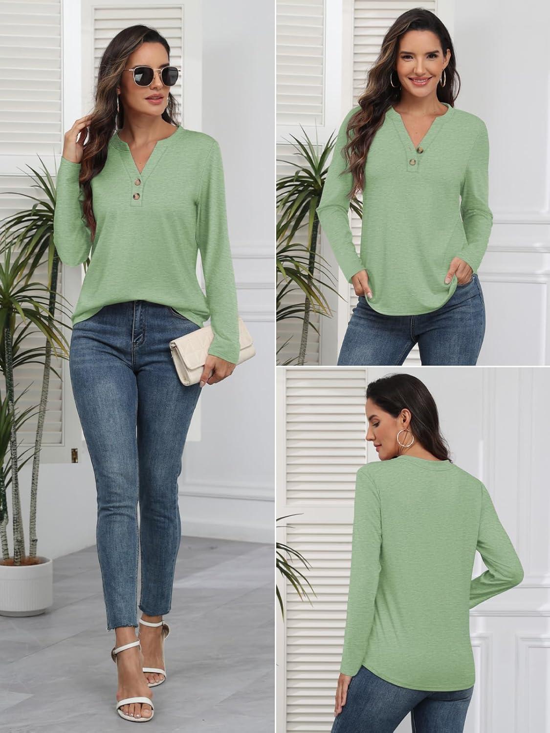 imageATHMILE Long Sleeve Shirts for Women 2025 Fall Outfits Henley Dressy Casual Tops Trendy Blouses Cute TShirts Fashion ClothesLight Green