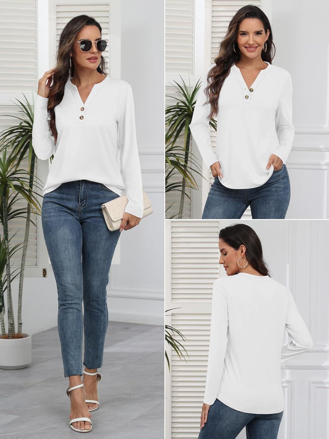 imageATHMILE Long Sleeve Shirts for Women 2025 Fall Outfits Henley Dressy Casual Tops Trendy Blouses Cute TShirts Fashion ClothesWhite