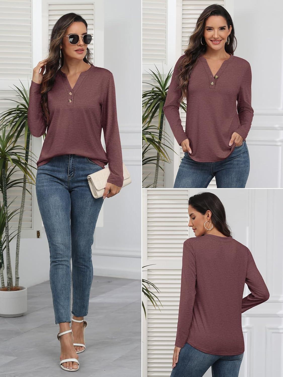 imageATHMILE Long Sleeve Shirts for Women 2025 Fall Outfits Henley Dressy Casual Tops Trendy Blouses Cute TShirts Fashion ClothesWine Red