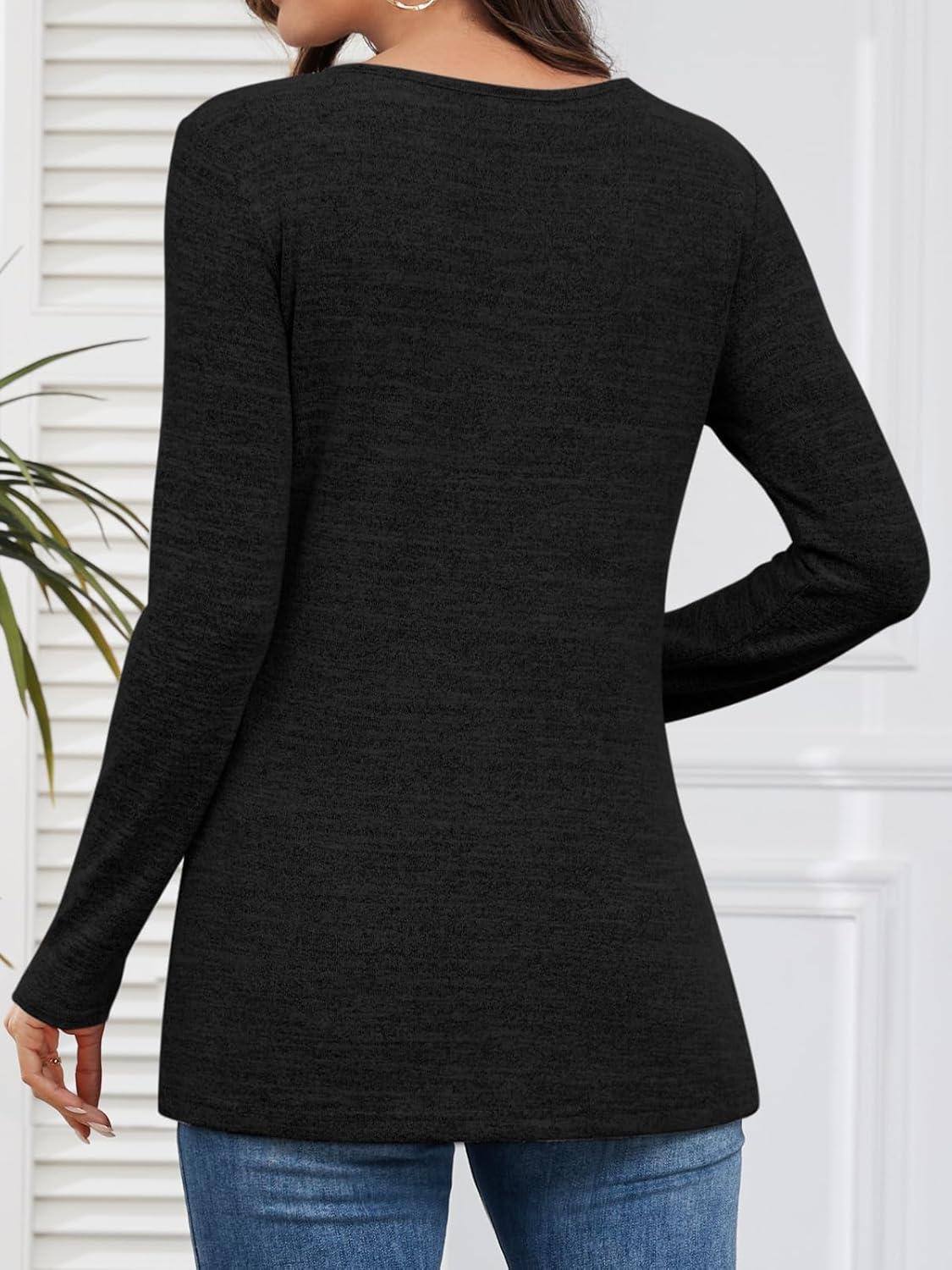 imageATHMILE Long Sleeve Shirts for Women Early Fall Fashion Tops 2025 Casual V Neck Button Blouses Tunic Tops for LeggingsBlack