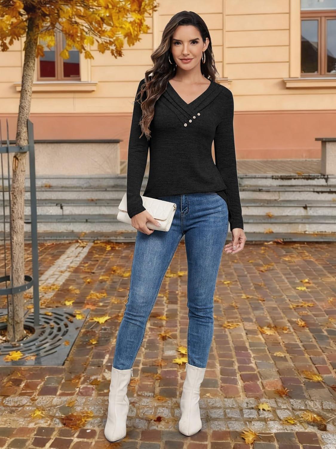 imageATHMILE Long Sleeve Shirts for Women Early Fall Fashion Tops 2025 Casual V Neck Button Blouses Tunic Tops for LeggingsBlack