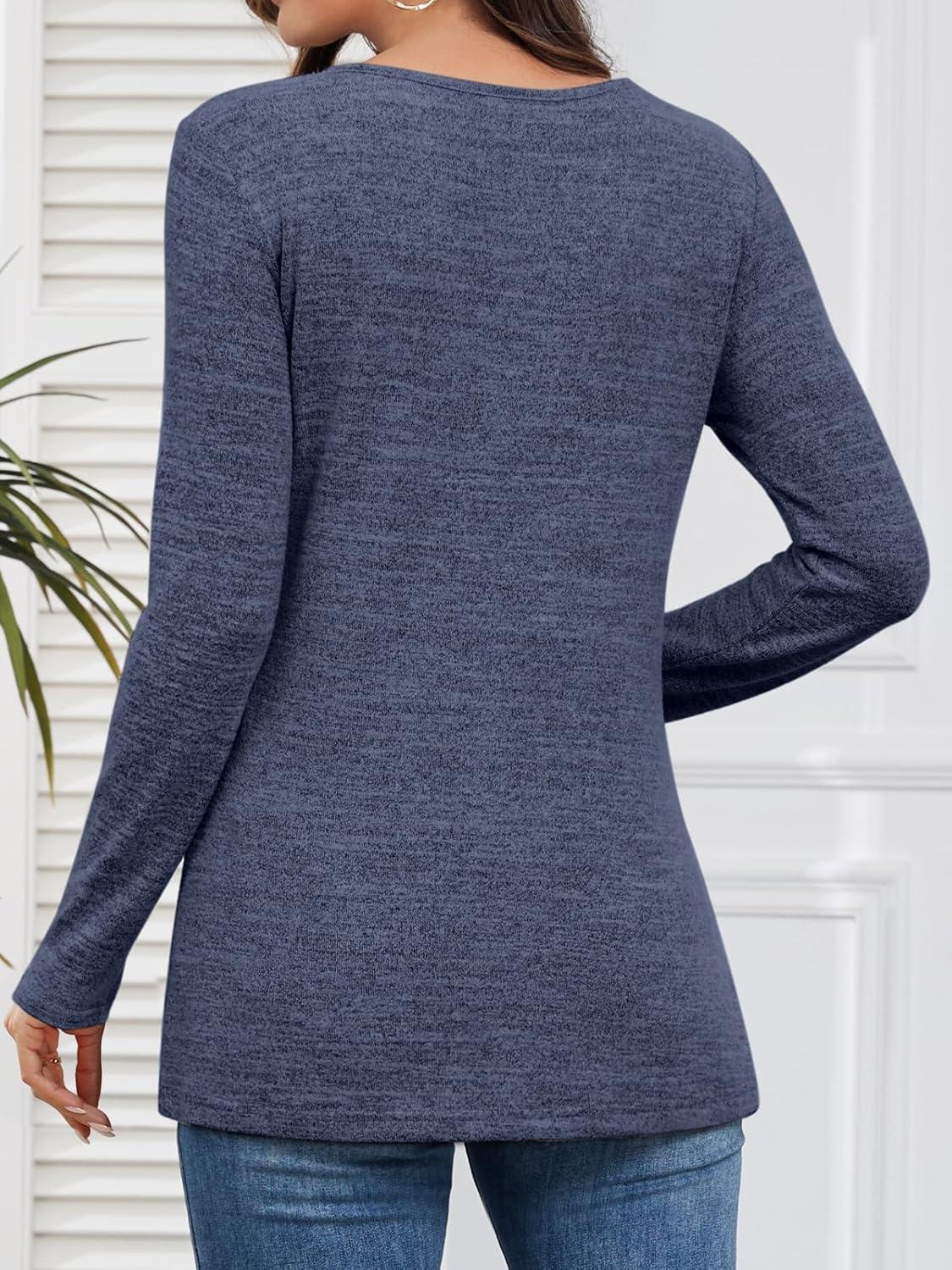 imageATHMILE Long Sleeve Shirts for Women Early Fall Fashion Tops 2025 Casual V Neck Button Blouses Tunic Tops for LeggingsBlue