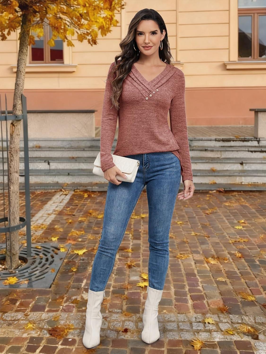 imageATHMILE Long Sleeve Shirts for Women Early Fall Fashion Tops 2025 Casual V Neck Button Blouses Tunic Tops for LeggingsCaramel