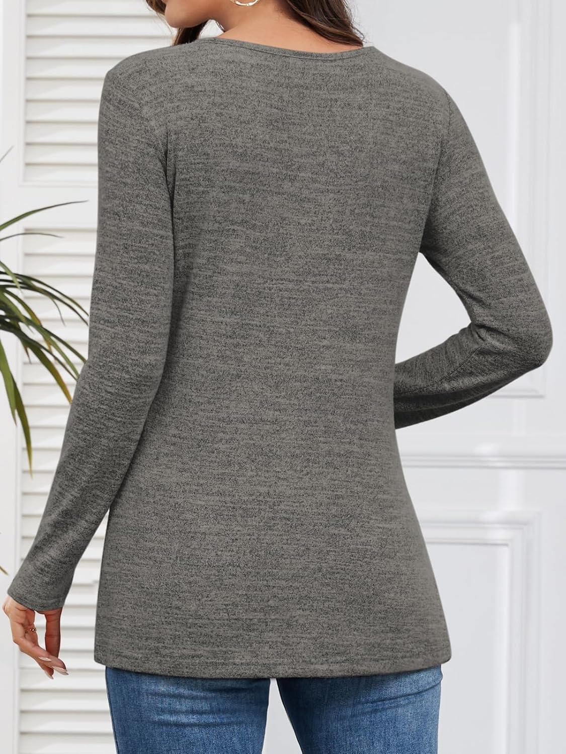 imageATHMILE Long Sleeve Shirts for Women Early Fall Fashion Tops 2025 Casual V Neck Button Blouses Tunic Tops for LeggingsDark Gray