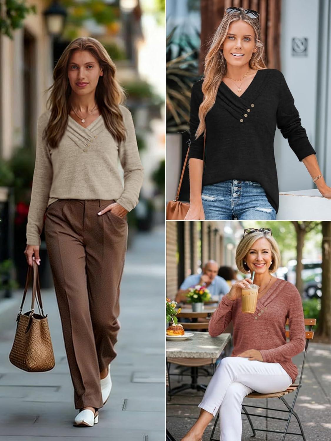 imageATHMILE Long Sleeve Shirts for Women Early Fall Fashion Tops 2025 Casual V Neck Button Blouses Tunic Tops for LeggingsDark Gray