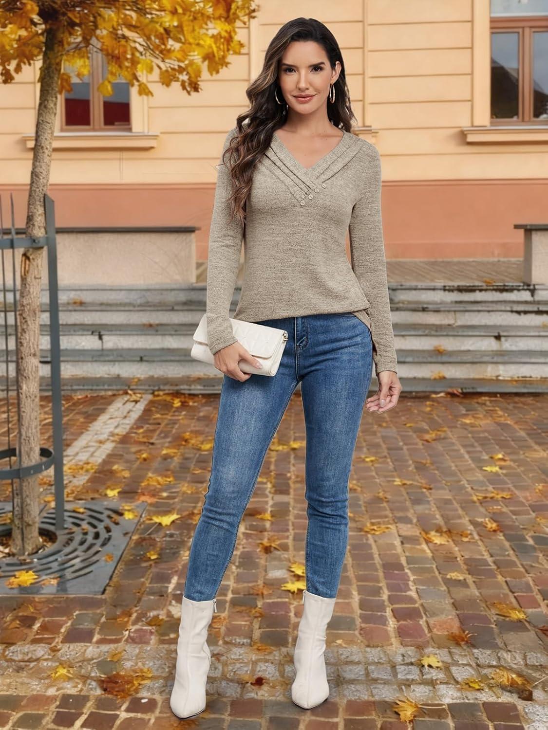 imageATHMILE Long Sleeve Shirts for Women Early Fall Fashion Tops 2025 Casual V Neck Button Blouses Tunic Tops for LeggingsKhaki