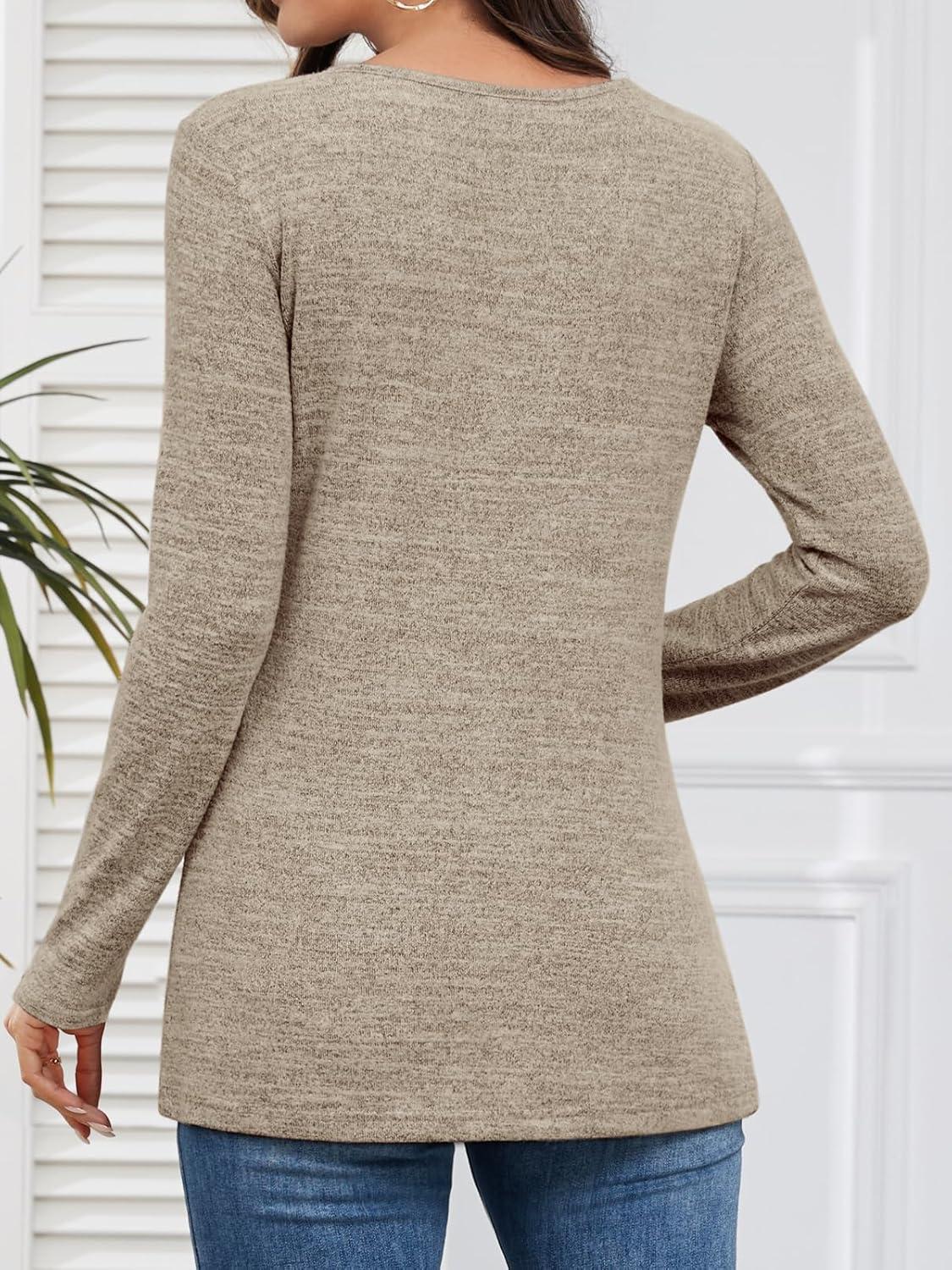 imageATHMILE Long Sleeve Shirts for Women Early Fall Fashion Tops 2025 Casual V Neck Button Blouses Tunic Tops for LeggingsKhaki