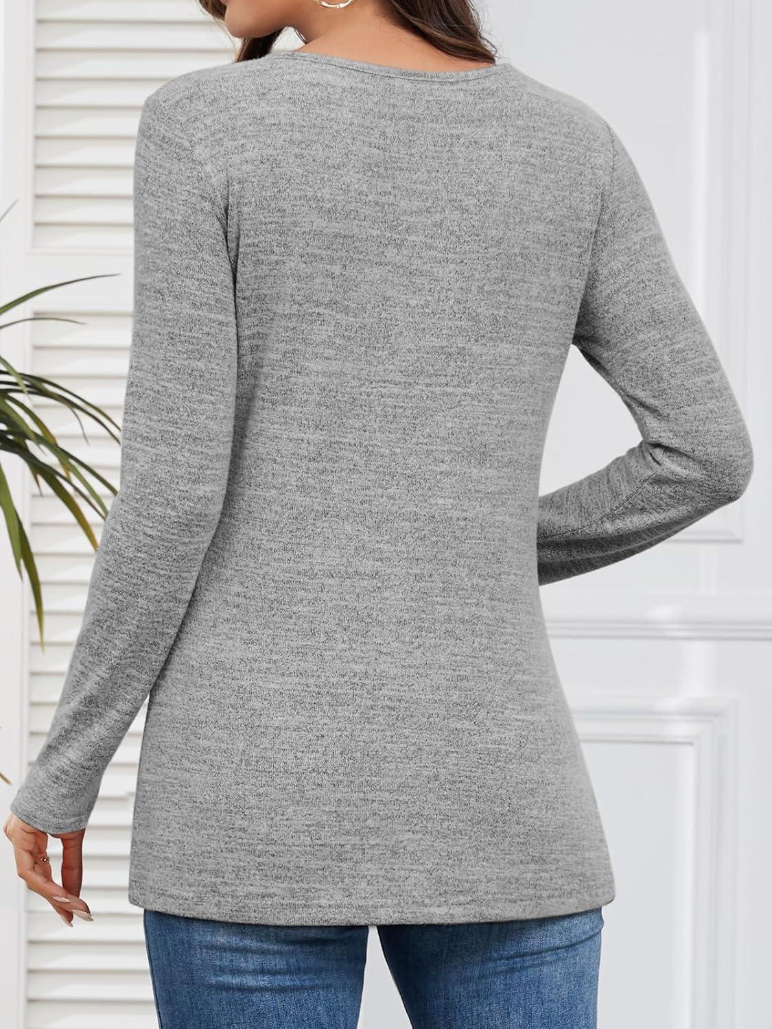 imageATHMILE Long Sleeve Shirts for Women Early Fall Fashion Tops 2025 Casual V Neck Button Blouses Tunic Tops for LeggingsLight Gray