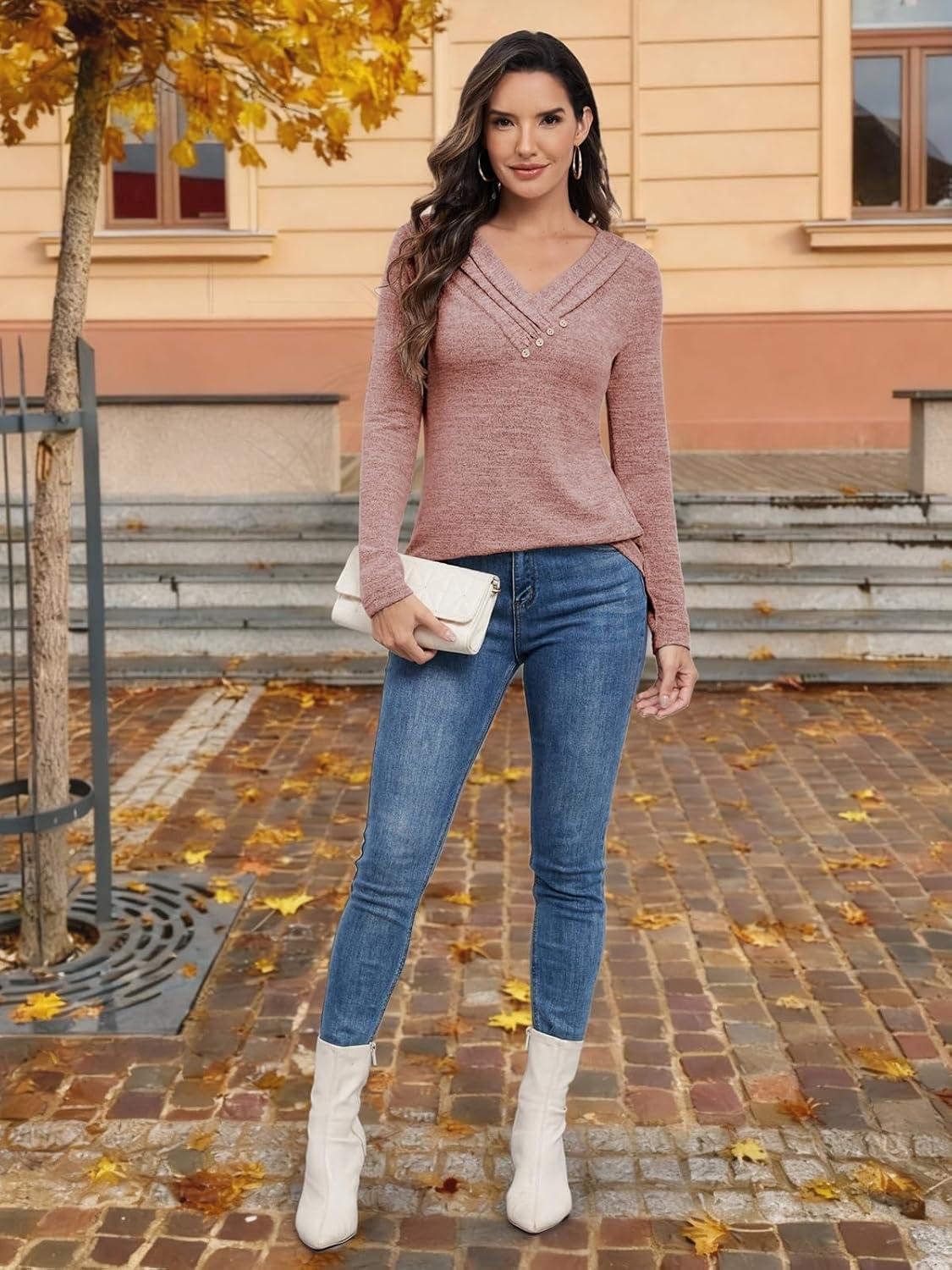 imageATHMILE Long Sleeve Shirts for Women Early Fall Fashion Tops 2025 Casual V Neck Button Blouses Tunic Tops for LeggingsPink