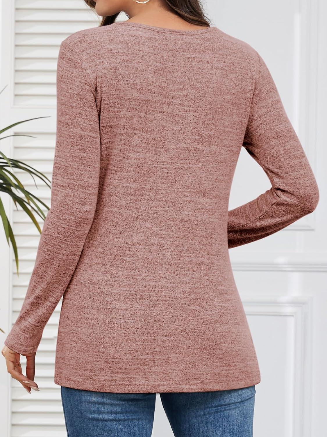 imageATHMILE Long Sleeve Shirts for Women Early Fall Fashion Tops 2025 Casual V Neck Button Blouses Tunic Tops for LeggingsPink