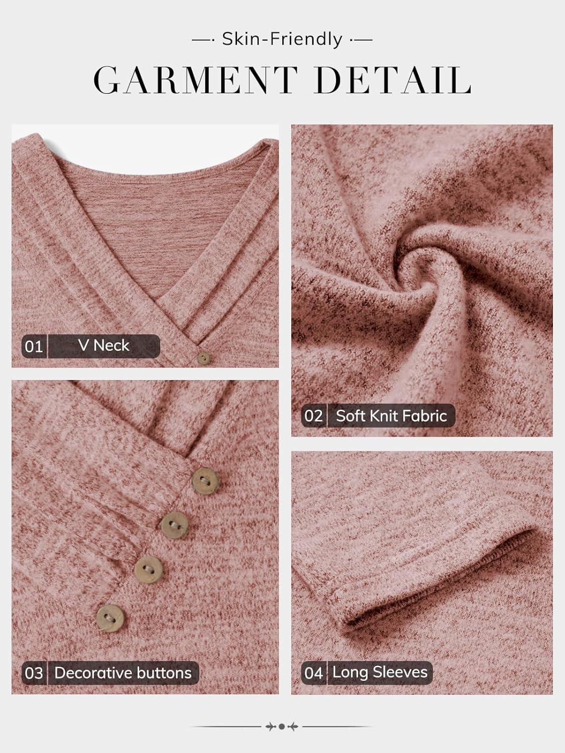 imageATHMILE Long Sleeve Shirts for Women Early Fall Fashion Tops 2025 Casual V Neck Button Blouses Tunic Tops for LeggingsPink