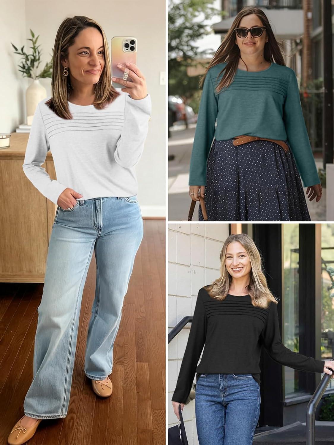 imageATHMILE Long Sleeve Shirts for Women Fall Fashion Tops 2025 Dressy Casual Blouses Trendy Pleated Tunic OutfitsBeige Black