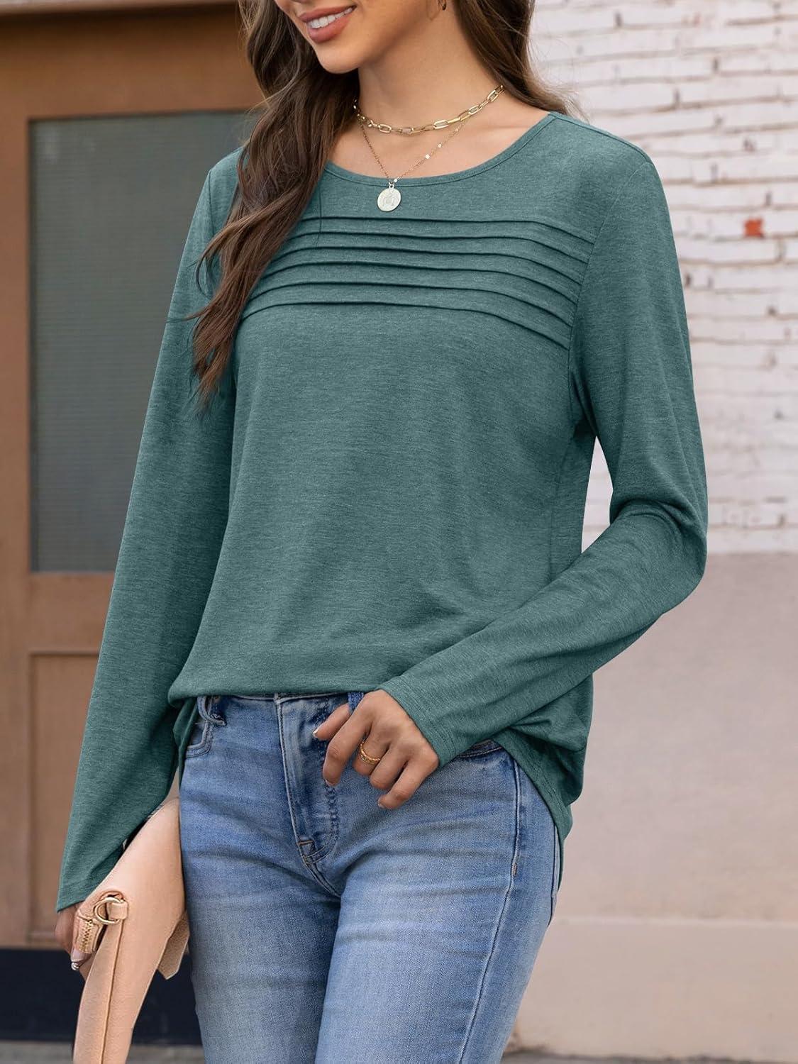 imageATHMILE Long Sleeve Shirts for Women Fall Fashion Tops 2025 Dressy Casual Blouses Trendy Pleated Tunic OutfitsBluegreen