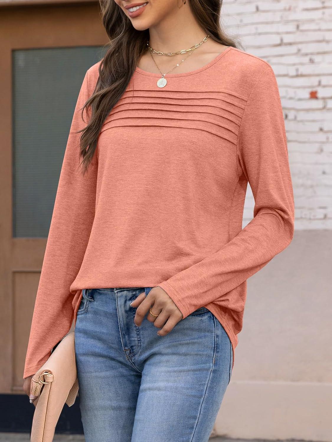 imageATHMILE Long Sleeve Shirts for Women Fall Fashion Tops 2025 Dressy Casual Blouses Trendy Pleated Tunic OutfitsCoral