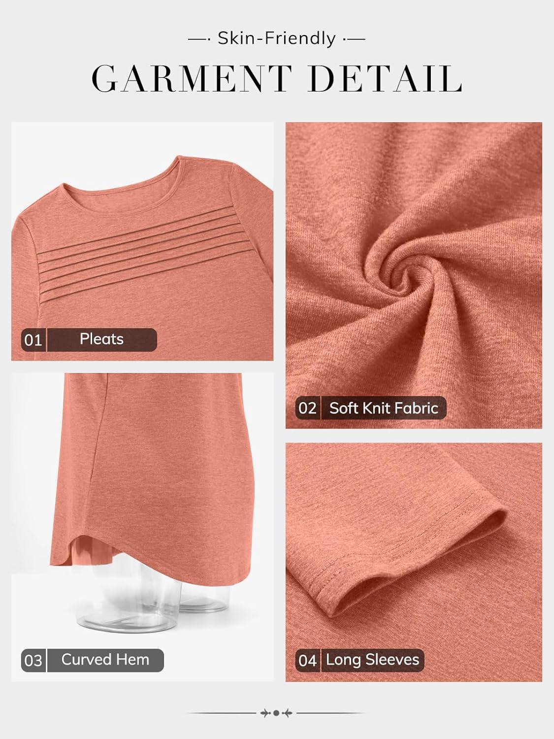 imageATHMILE Long Sleeve Shirts for Women Fall Fashion Tops 2025 Dressy Casual Blouses Trendy Pleated Tunic OutfitsCoral