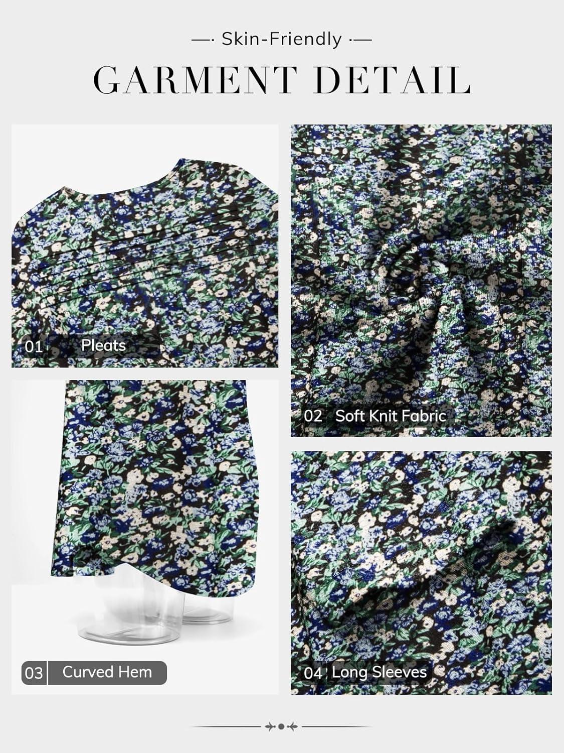 imageATHMILE Long Sleeve Shirts for Women Fall Fashion Tops 2025 Dressy Casual Blouses Trendy Pleated Tunic OutfitsFloral Blue