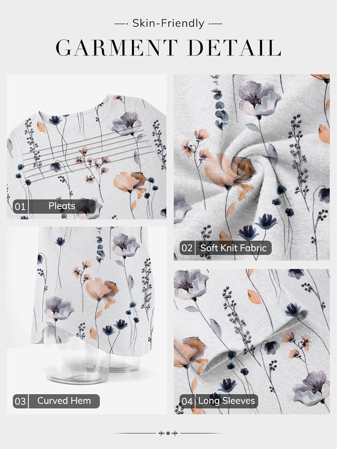 imageATHMILE Long Sleeve Shirts for Women Fall Fashion Tops 2025 Dressy Casual Blouses Trendy Pleated Tunic OutfitsFloral White