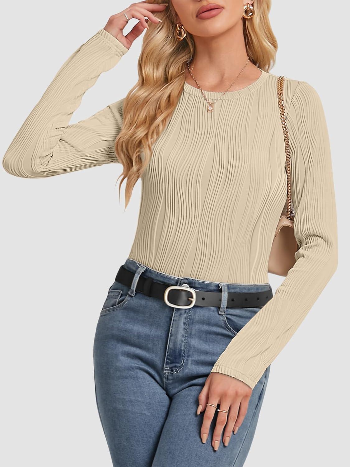 imageATHMILE Long Sleeve Shirts for Women Work Business Casual Dressy Tops Trendy Textured Fitted Spring Fashion Clothes BlouseApricot