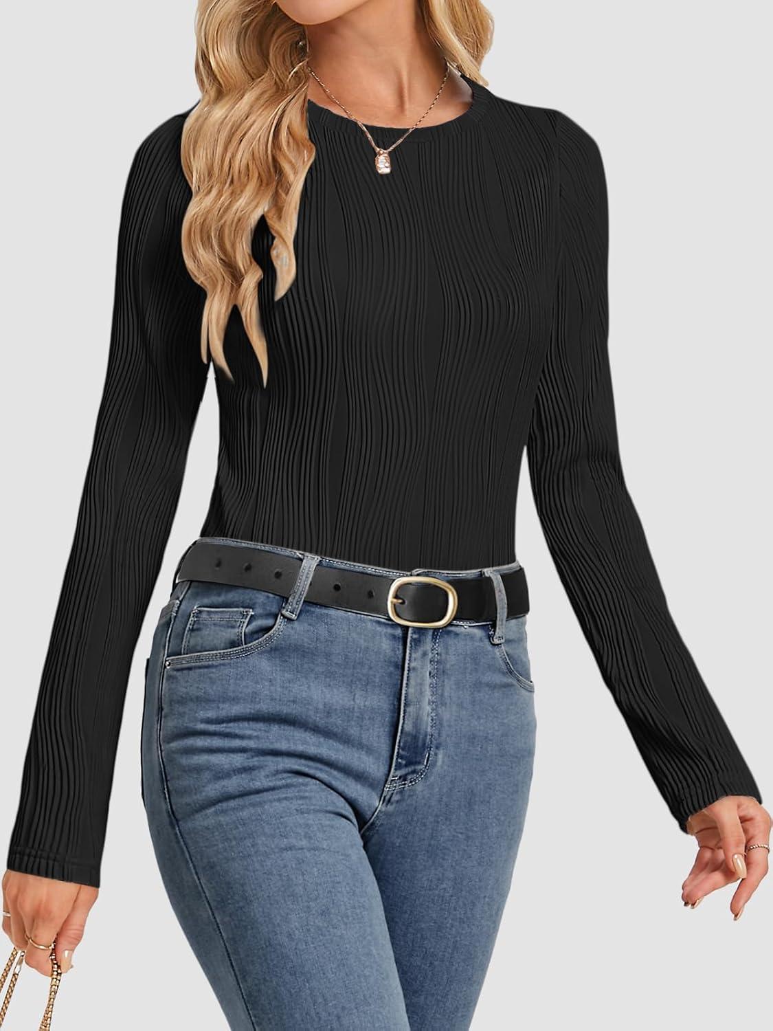 imageATHMILE Long Sleeve Shirts for Women Work Business Casual Dressy Tops Trendy Textured Fitted Spring Fashion Clothes BlouseBlack