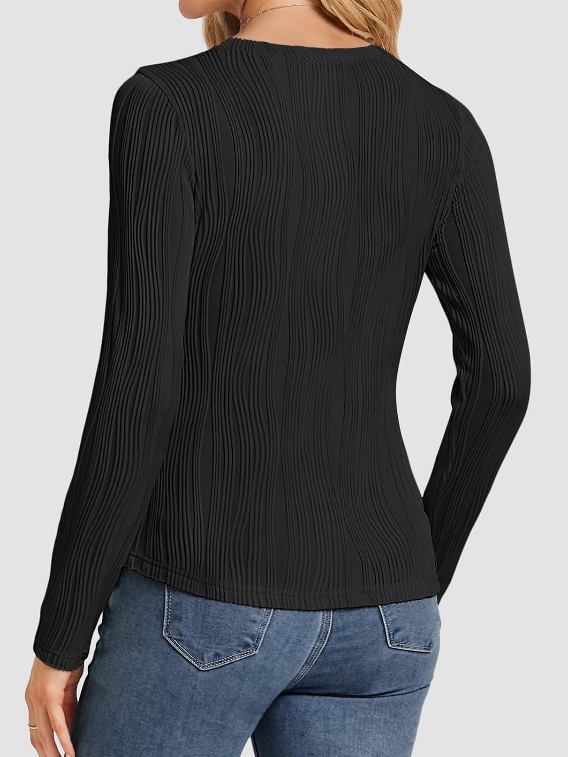 imageATHMILE Long Sleeve Shirts for Women Work Business Casual Dressy Tops Trendy Textured Fitted Spring Fashion Clothes BlouseBlack