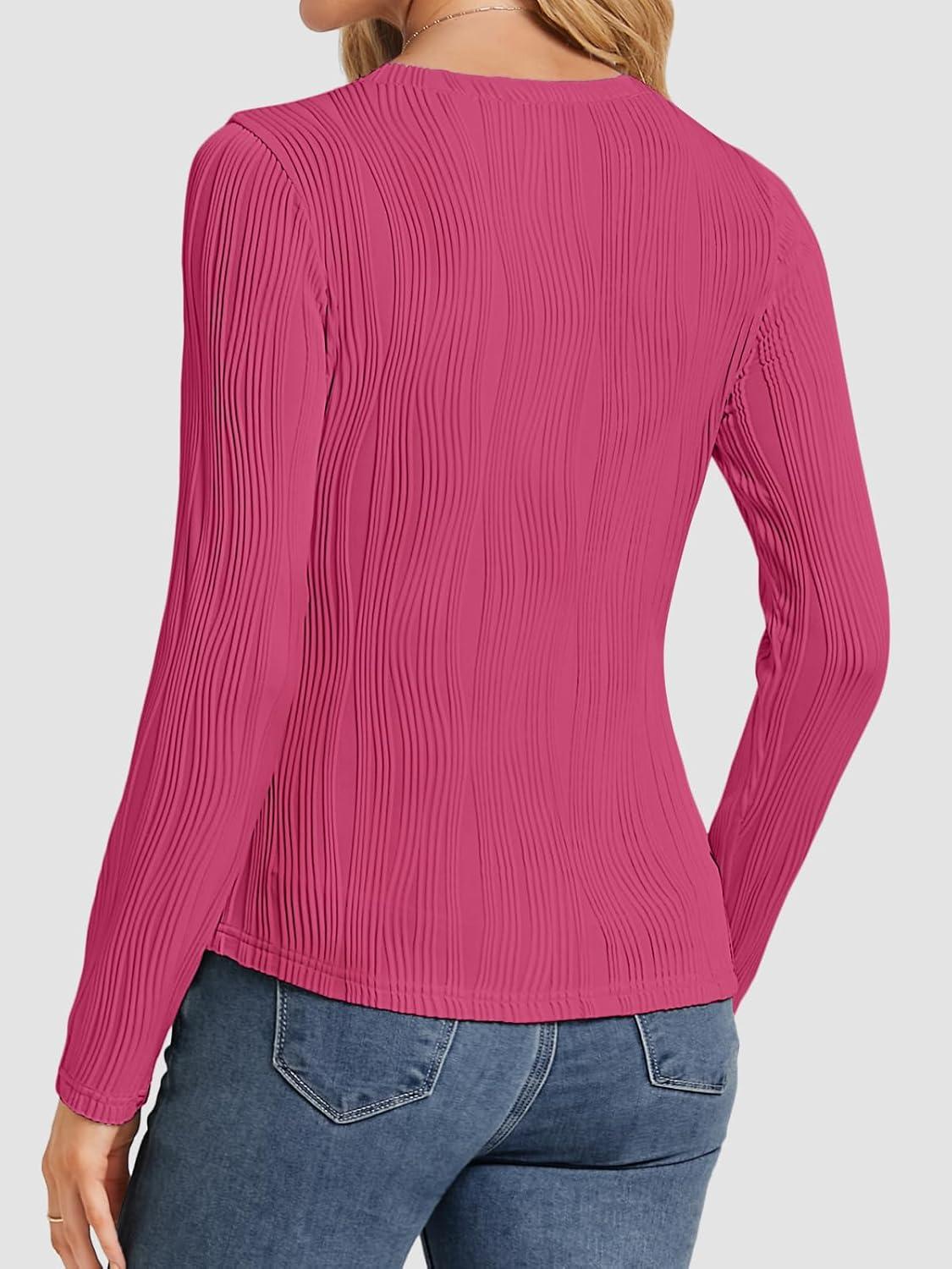 imageATHMILE Long Sleeve Shirts for Women Work Business Casual Dressy Tops Trendy Textured Fitted Spring Fashion Clothes BlouseRose Red