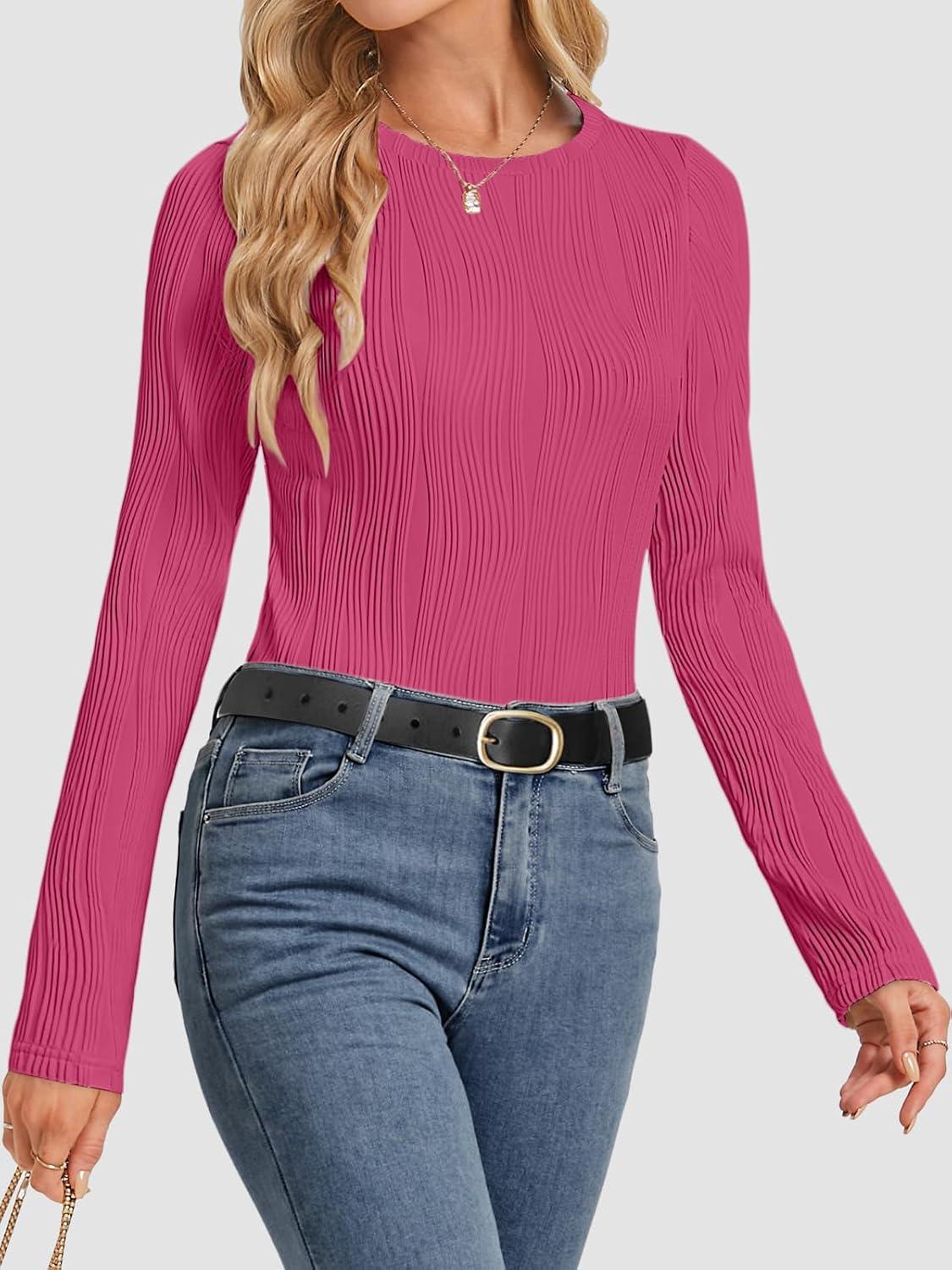 imageATHMILE Long Sleeve Shirts for Women Work Business Casual Dressy Tops Trendy Textured Fitted Spring Fashion Clothes BlouseRose Red