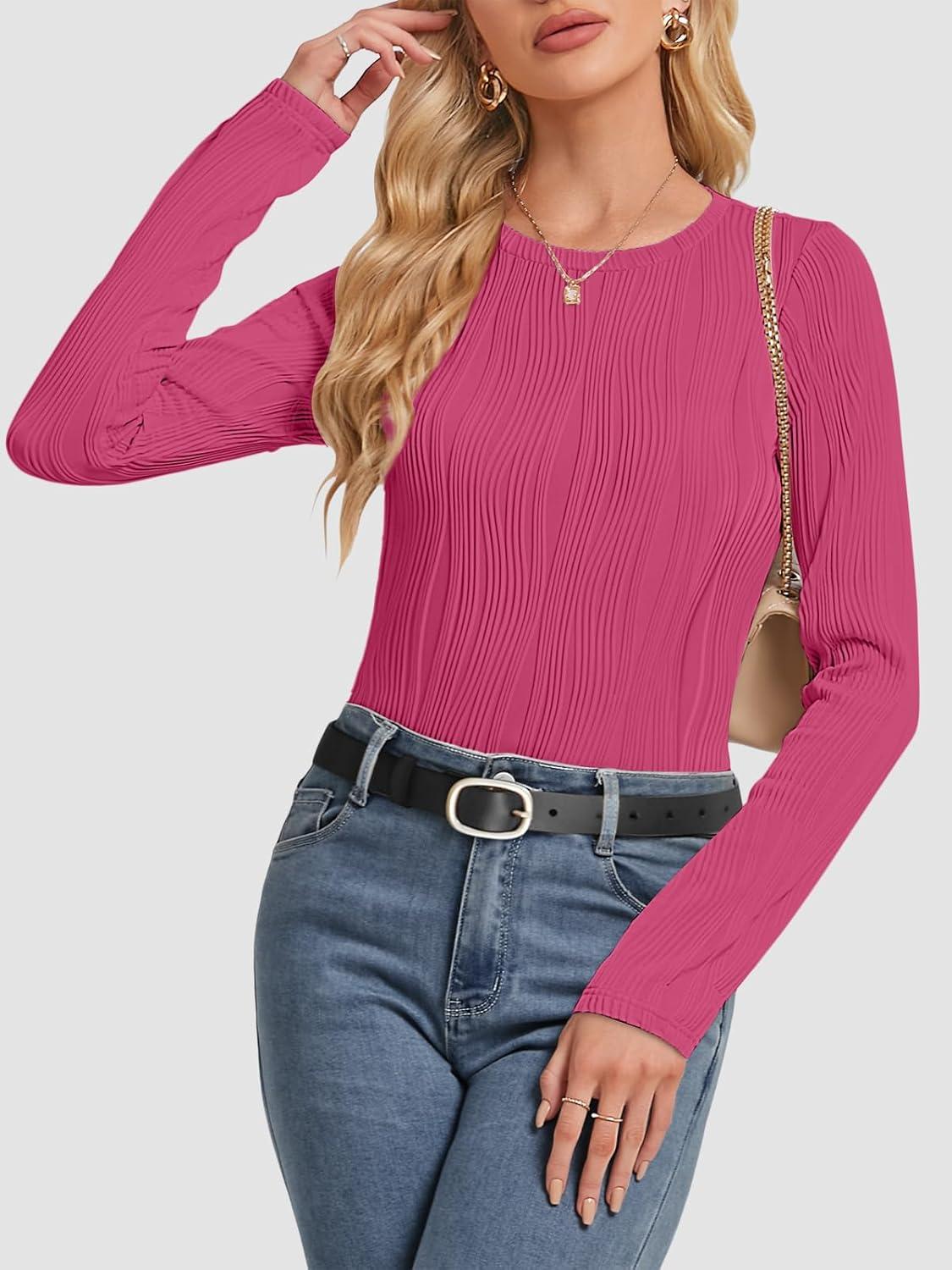 imageATHMILE Long Sleeve Shirts for Women Work Business Casual Dressy Tops Trendy Textured Fitted Spring Fashion Clothes BlouseRose Red