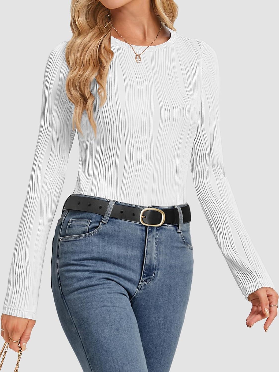 imageATHMILE Long Sleeve Shirts for Women Work Business Casual Dressy Tops Trendy Textured Fitted Spring Fashion Clothes BlouseWhite