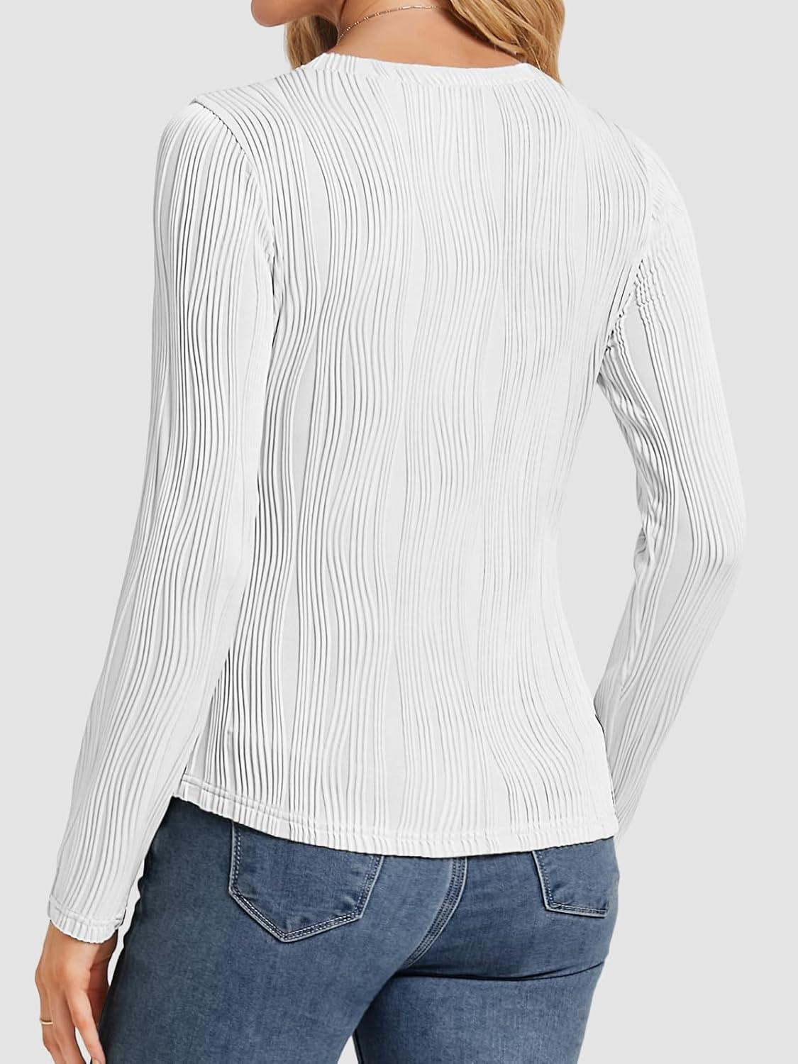 imageATHMILE Long Sleeve Shirts for Women Work Business Casual Dressy Tops Trendy Textured Fitted Spring Fashion Clothes BlouseWhite