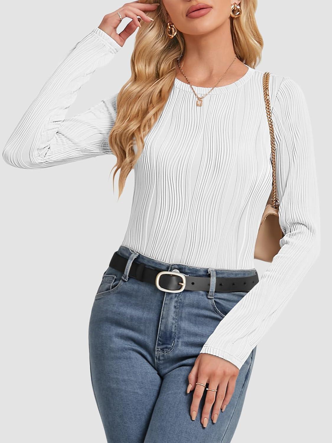 imageATHMILE Long Sleeve Shirts for Women Work Business Casual Dressy Tops Trendy Textured Fitted Spring Fashion Clothes BlouseWhite