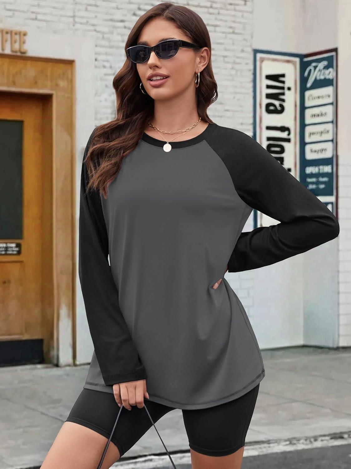imageATHMILE Women Oversized Long Sleeve Shirt 2025 Fall Winter Casual Basics Top Loose Fit Tee Fashion Cute ClothesGrey Black