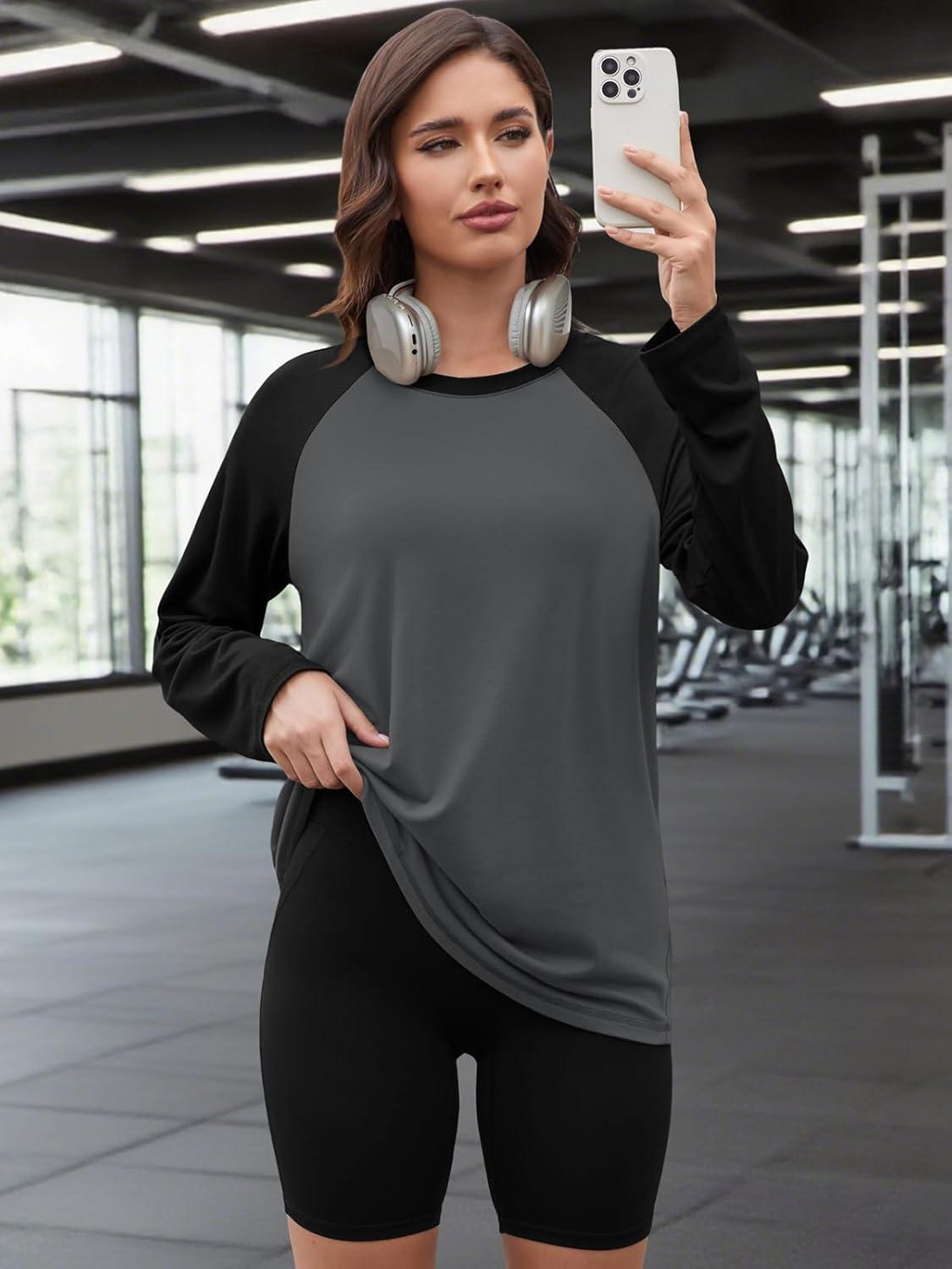 imageATHMILE Women Oversized Long Sleeve Shirt 2025 Fall Winter Casual Basics Top Loose Fit Tee Fashion Cute ClothesGrey Black