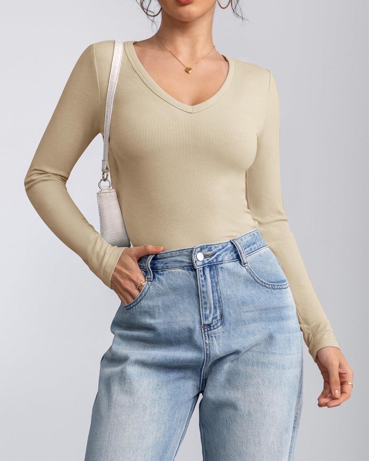 imageATHMILE Women Short Sleeve V Neck Ribbed Knit Fitted Shirts Basic Tees Tops 2025 Summer Casual TShirts Going Out OutfitsLapricot