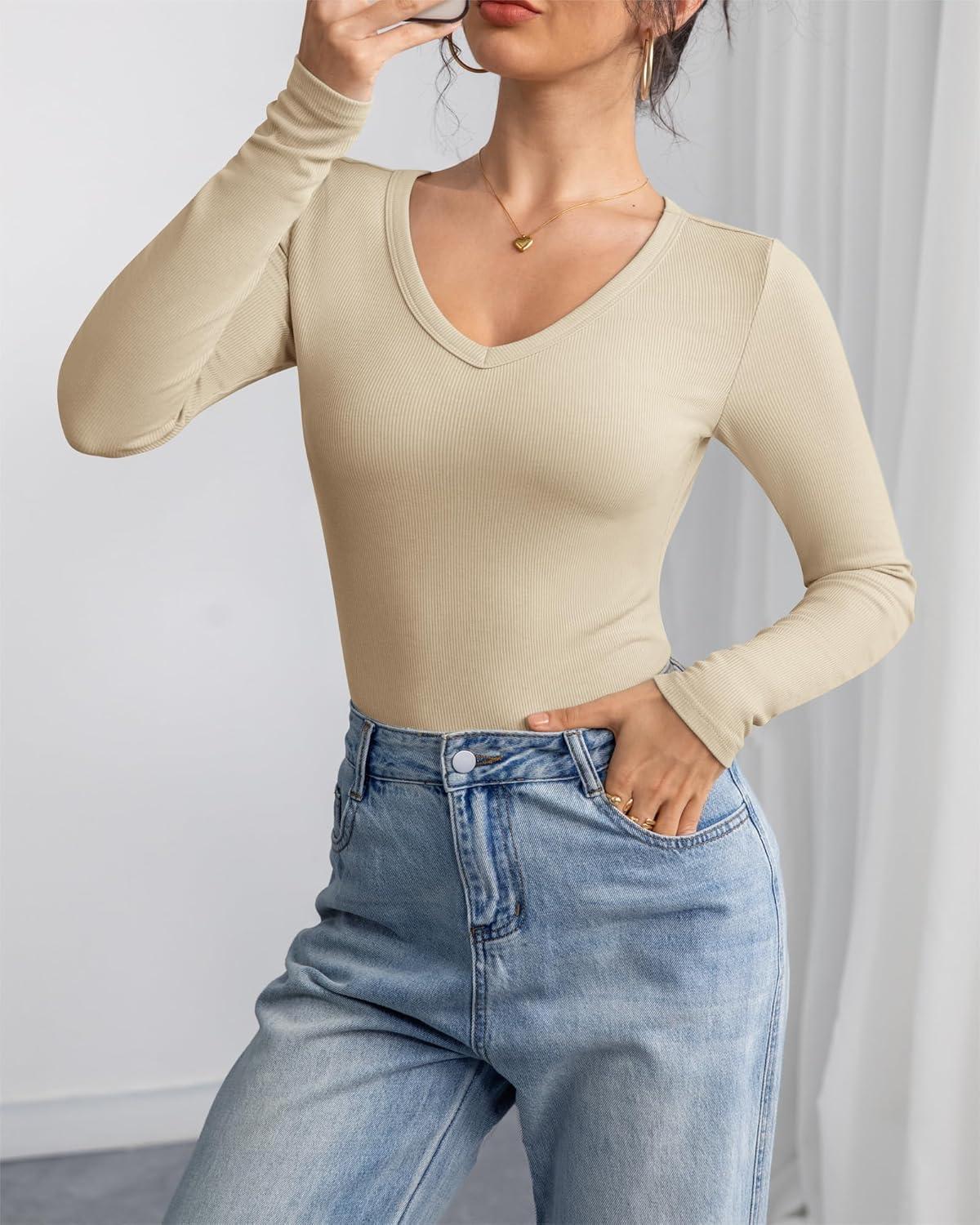 imageATHMILE Women Short Sleeve V Neck Ribbed Knit Fitted Shirts Basic Tees Tops 2025 Summer Casual TShirts Going Out OutfitsLapricot