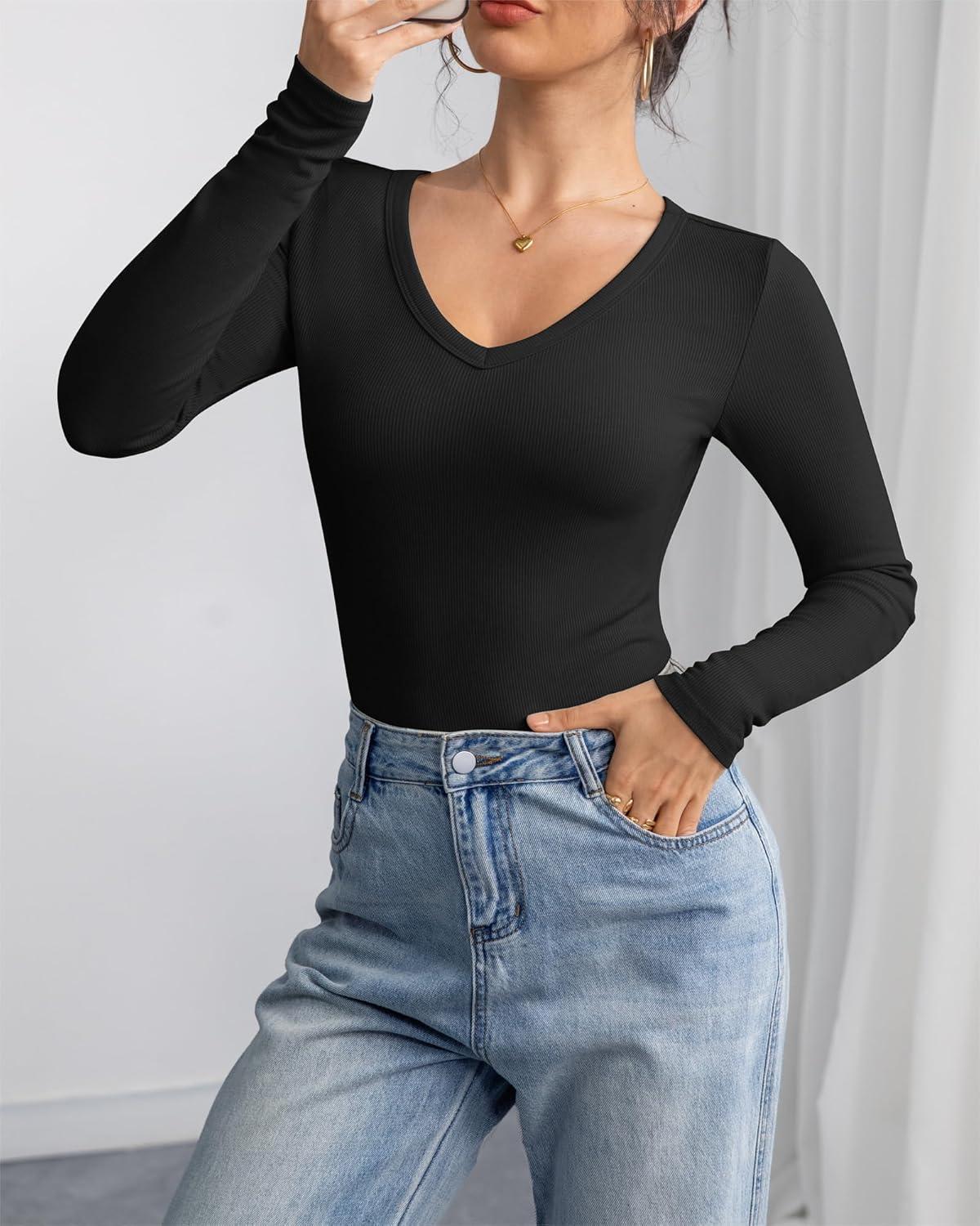 imageATHMILE Women Short Sleeve V Neck Ribbed Knit Fitted Shirts Basic Tees Tops 2025 Summer Casual TShirts Going Out OutfitsLblack