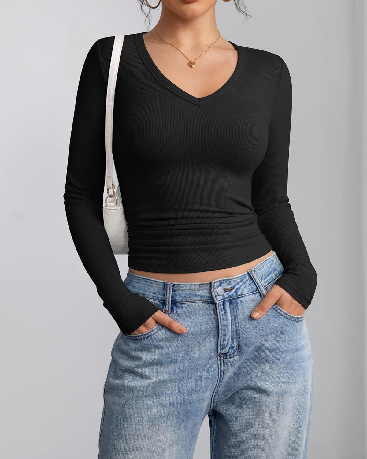 imageATHMILE Women Short Sleeve V Neck Ribbed Knit Fitted Shirts Basic Tees Tops 2025 Summer Casual TShirts Going Out OutfitsLblack