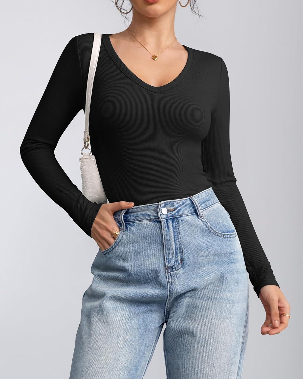 imageATHMILE Women Short Sleeve V Neck Ribbed Knit Fitted Shirts Basic Tees Tops 2025 Summer Casual TShirts Going Out OutfitsLblack