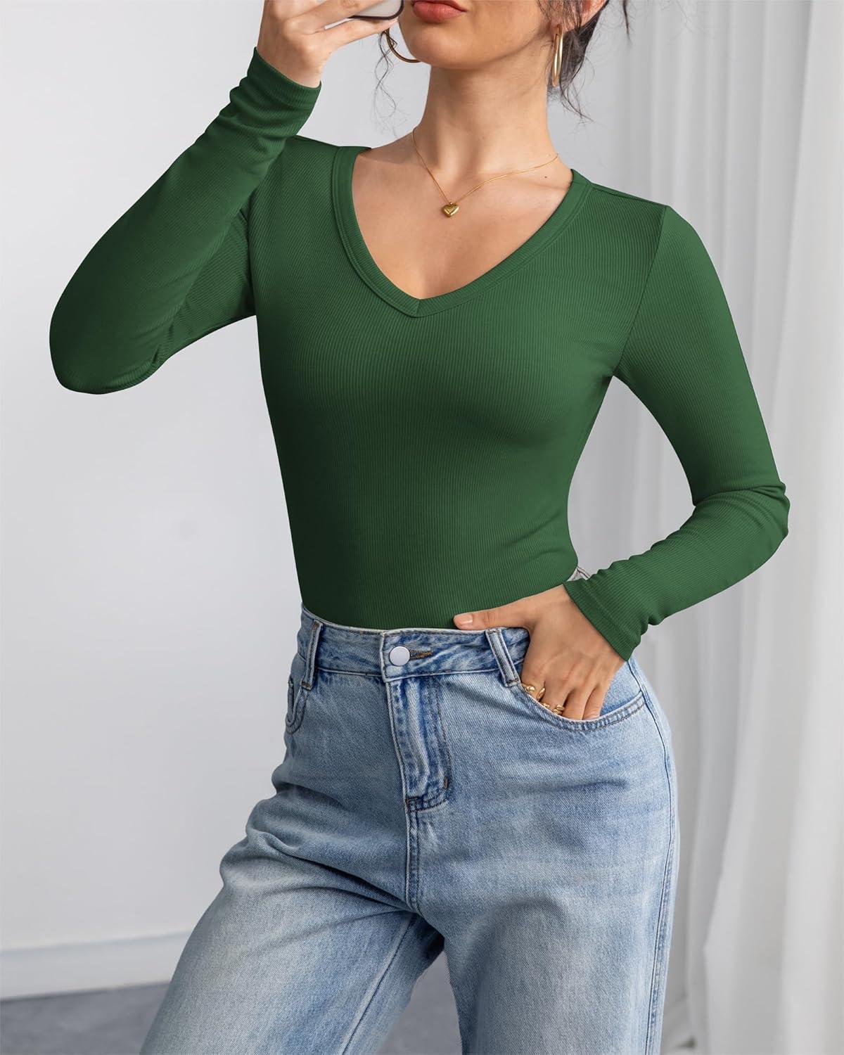 imageATHMILE Women Short Sleeve V Neck Ribbed Knit Fitted Shirts Basic Tees Tops 2025 Summer Casual TShirts Going Out OutfitsLdark Green