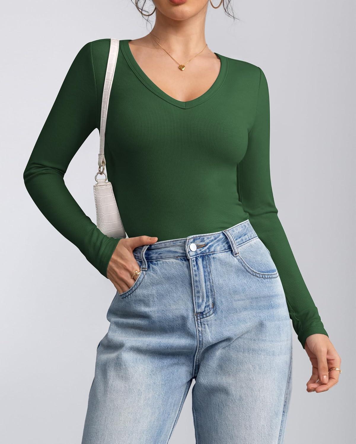 imageATHMILE Women Short Sleeve V Neck Ribbed Knit Fitted Shirts Basic Tees Tops 2025 Summer Casual TShirts Going Out OutfitsLdark Green