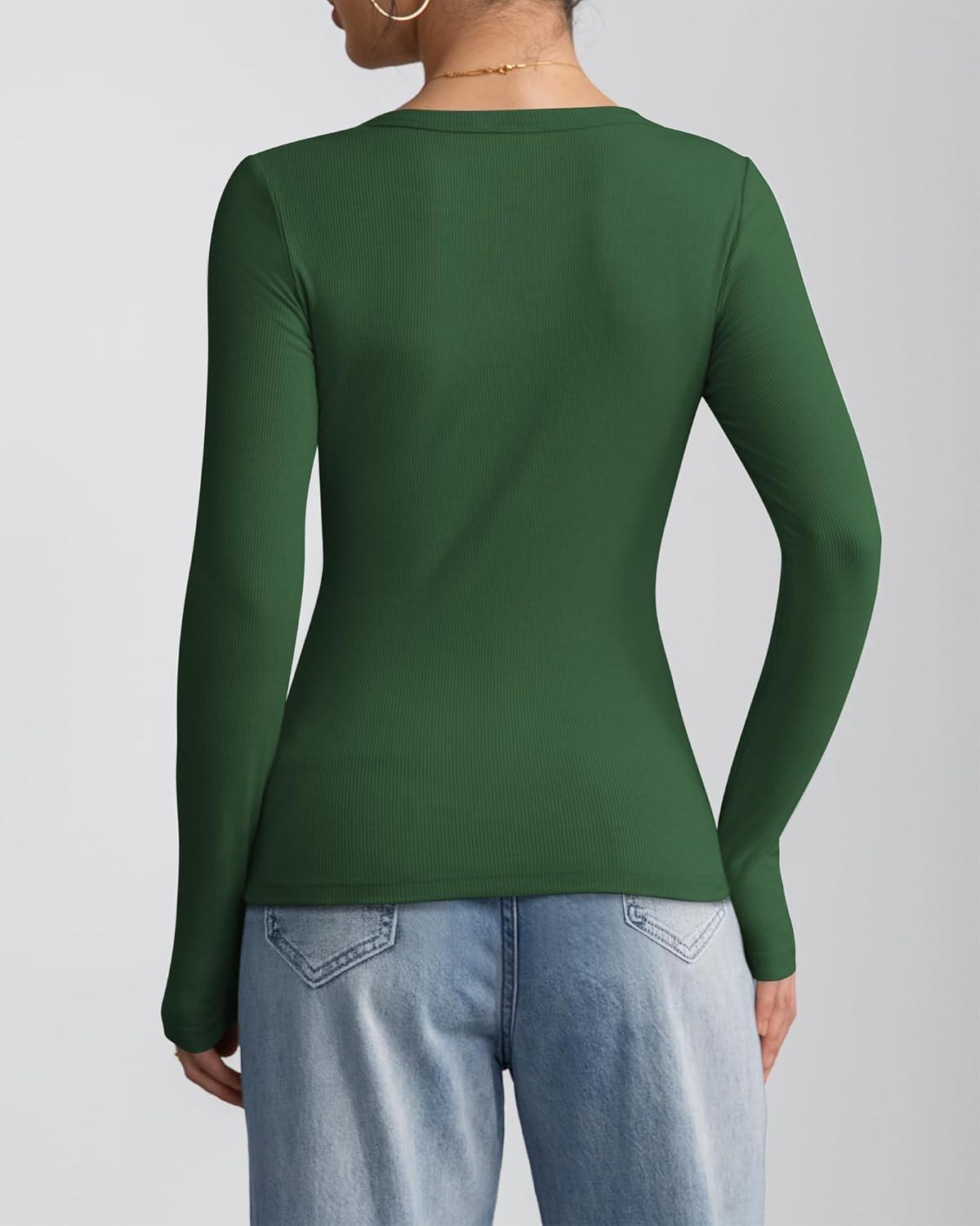 imageATHMILE Women Short Sleeve V Neck Ribbed Knit Fitted Shirts Basic Tees Tops 2025 Summer Casual TShirts Going Out OutfitsLdark Green